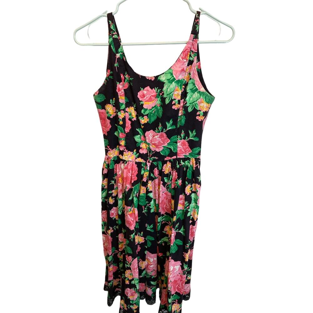 Vintage Clue’s Collection Floral Cottage Tank Midi Length Lace Trim Dress Size S